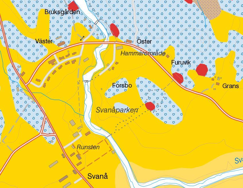 Figur 4. Jordartskarta över aktuellt område karterat i fält. Jordarten i blå områden utgörs av sandig morän med storblockig yta. Gula områden utgörs av lera. Röda områden visar berg i dagen 5.