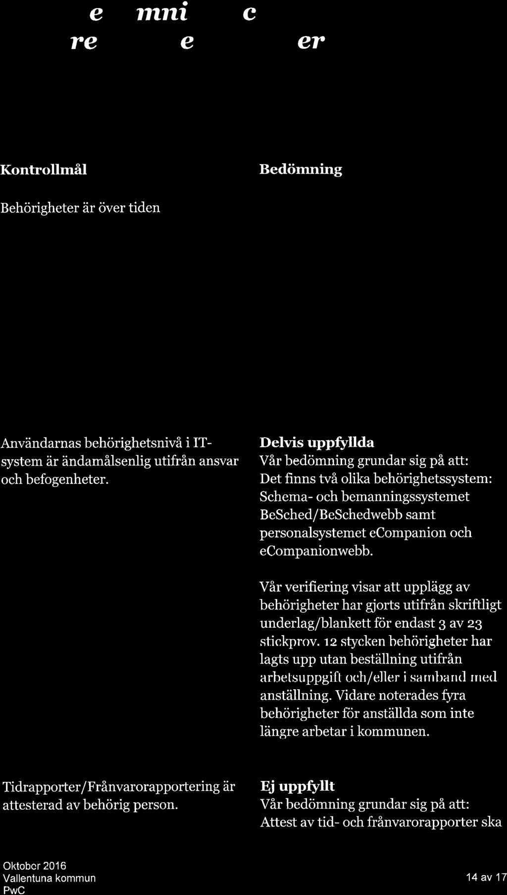4. Bedönutíng och rekornrnendø:tíoner 4.r. Austärnníng mot kontrollrn&i Grnskningen görs utifrån ått uppställd kontrollmåi.