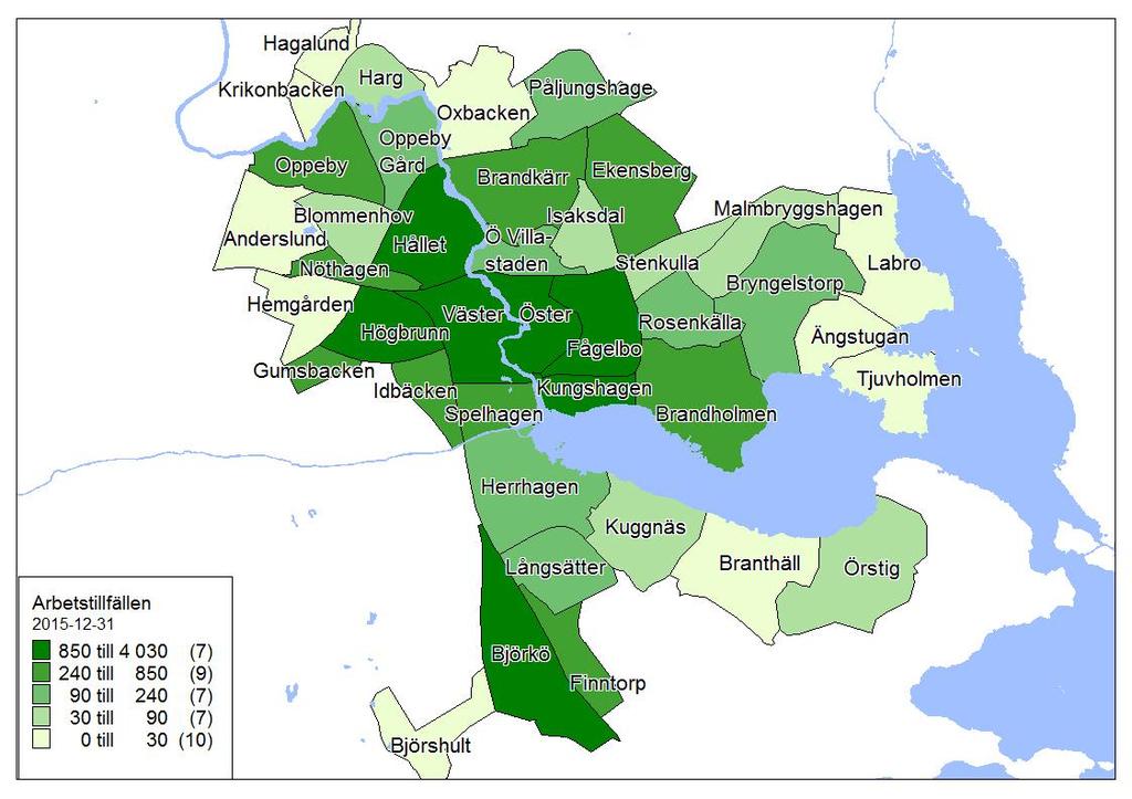 I tabellen och kartan på denna sida redovisas antalet arbetstillfällen i de olika stadsdelarna i Nyköpings centralort. Statistiken är från 215-12-31.
