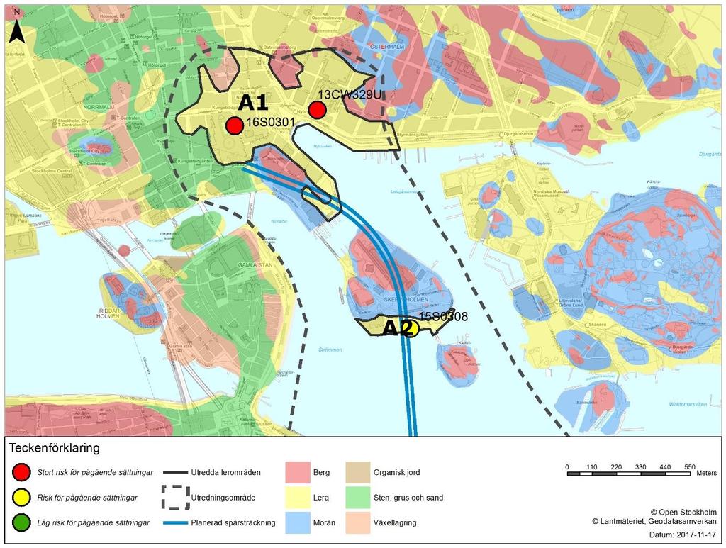 Figur 9: Redovisning av pågående sättningar inom område A. 5.3 Område B1 Leran inom området är silt- och sandskiktad och inga analyser har kunnat utföras på de ostörda prover som tagits.