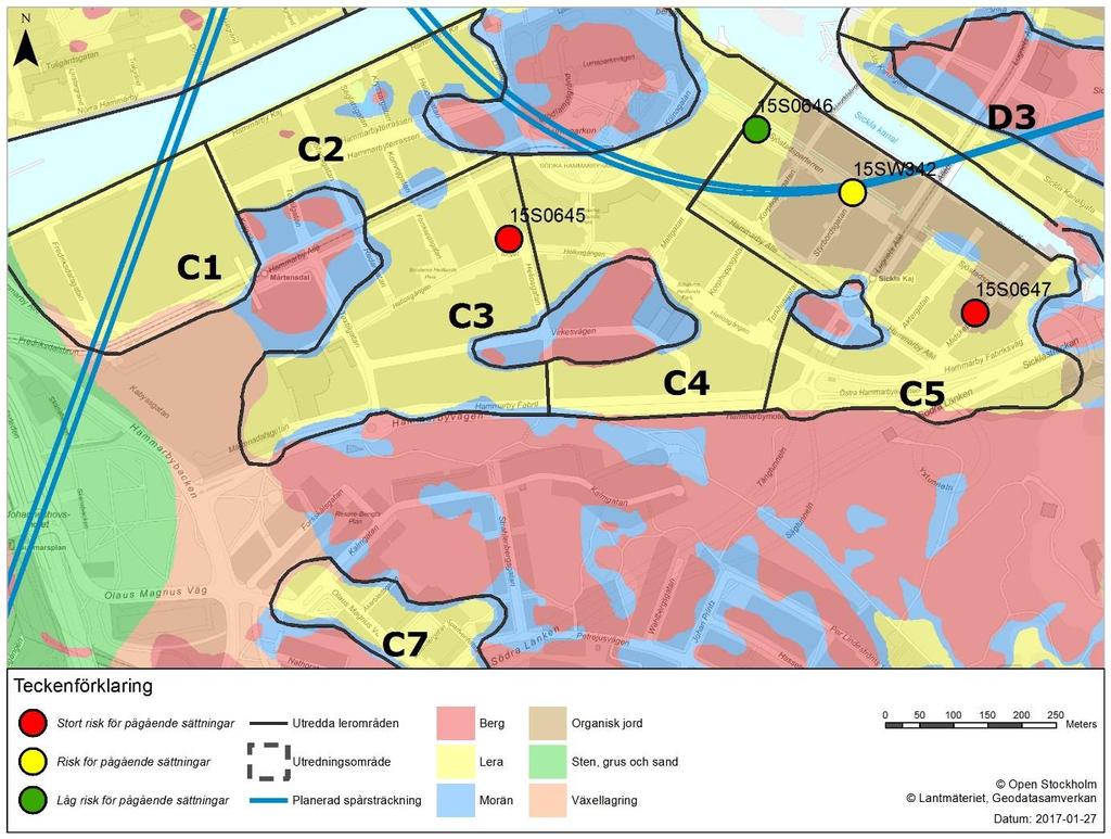 Figur 19: Redovisning av pågående sättningar inom område C. 5.17 Område C4 Den största uppmätta lermäktigheten inom området är 6 meter.