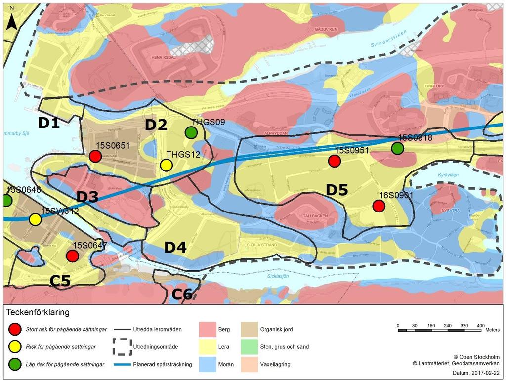 Figur 32: Redovisning av pågående sättningar inom område D. 5.29 Område D6 Den högsta uppmätta lermäktigheten inom området är 4 meter. I beräknad punkt är lermäktigheten cirka 3 meter.