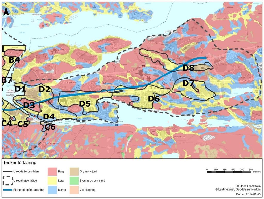 Figur 4: Geografiska områden Delområde D. 2.2 Beskrivning av jordlagerföljder Jordens variation av egenskaper är stor eftersom det är ett stort utredningsområde som utvärderats.