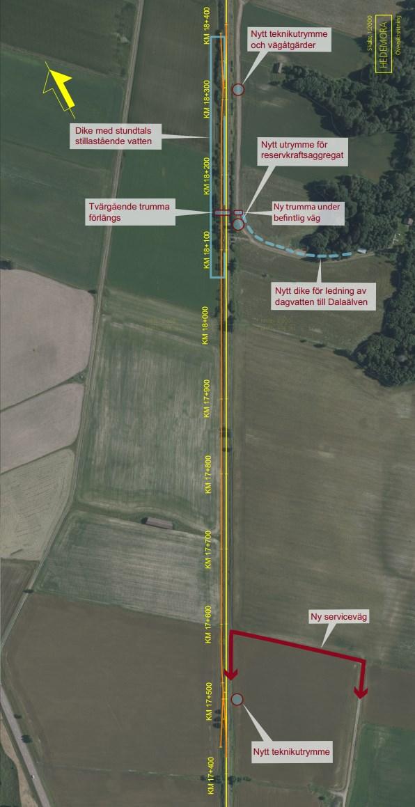 Figur 11 Föreslagna åtgärder i den södra delen av åtgärdsområdet innefattar anläggning av dubbelspår som ansluts via en skyddsväxel vid ca. KM 17+450. Dubbelspåret fortsätter norrut upp till ca.