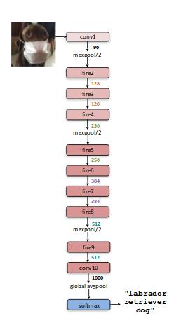 CHAPTER 3. CONVOLUTIONAL NEURAL NETWORKS 19 Figure 3.5: SqueezeNet network architecture [27]. 3.3.3 SqueezeMap The SqueezeMap network architecture is based upon the SquuezeNet architecture and is adapted for pedestrian detection.