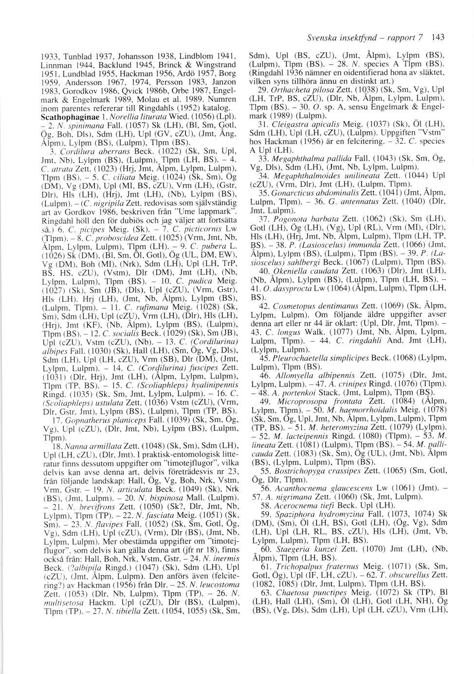 Svenska insektfind - rapport 7 143 Sdm), Upl (BS, czu), (Jmt, Alpm), Lylpm (BS), (Lulpm), Tlpm (BS). - 28. N. species A Tlpm (BS). (Ringdahl 1936 n2imner en oidentifierad hona av sliiktet.