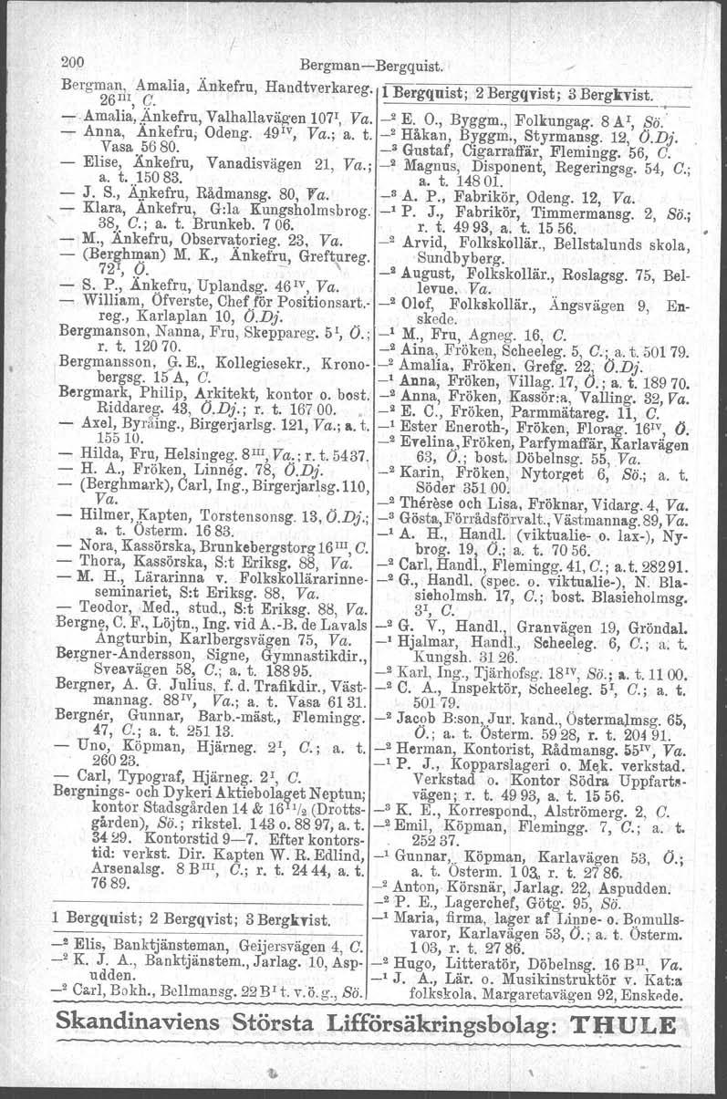 200 BergmaneBergquist. Bergman, Amalia, Änkefru, Handtverkareg. 26 III C. l Bergqnist ' 2Bergqvist " 3Bergkvist. Amalia',.Änkefru, Valhallavägen 107 1, Va. _2 E. O., Byggm., Folkungag. 8AI, f$ö.