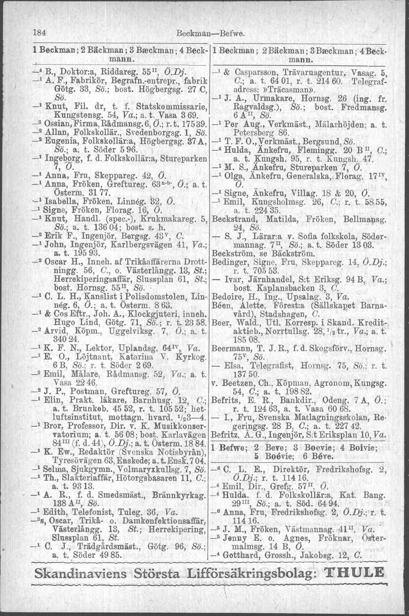 184 Beckman Befwe. 1 Beckman ; 2 Bltckman; 3 Bseckman, 4 Beck 1 Beckman ; 2Bäckman; 3Breckman; 4Beck.. mann. mann. ' B., Doktor:a, Riddareg. 55", O.Dj., & Casparsson, Trävaruagentur, Vasag. 5, _, A.