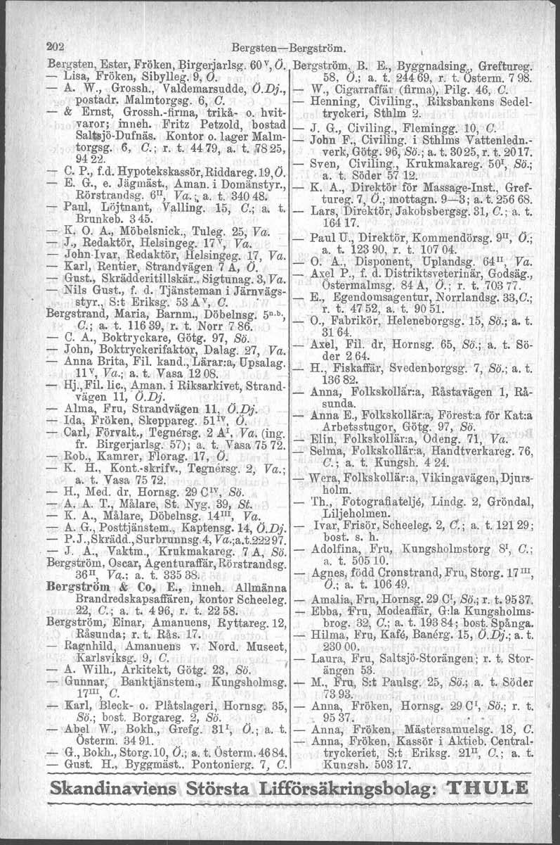 202 Bergsten Bergström. I Bergsten, Ester, Fröken, Birgerjarlsg. 60 v, O. Bergström, B. E., Byggnadsing., Greftureg. Lisa, Fröken, Sibylleg. 9, O. 58, O.; a. t. 24469, r. t. Österm. 798. A. W.
