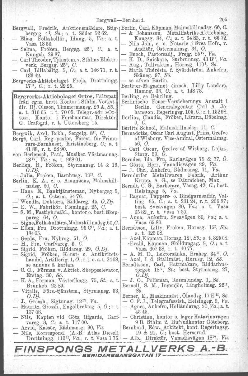 Bergwall Bernhard. 205 Bergwall. Fredrik, Auktionsmäklare, Stig Berlin, Carl, Köpman, Malmskillnadsg. 60, O. bergsg. 41, ss; a. t. Söder 5262....:.& Johansson, MetallfabriksAktiebola.