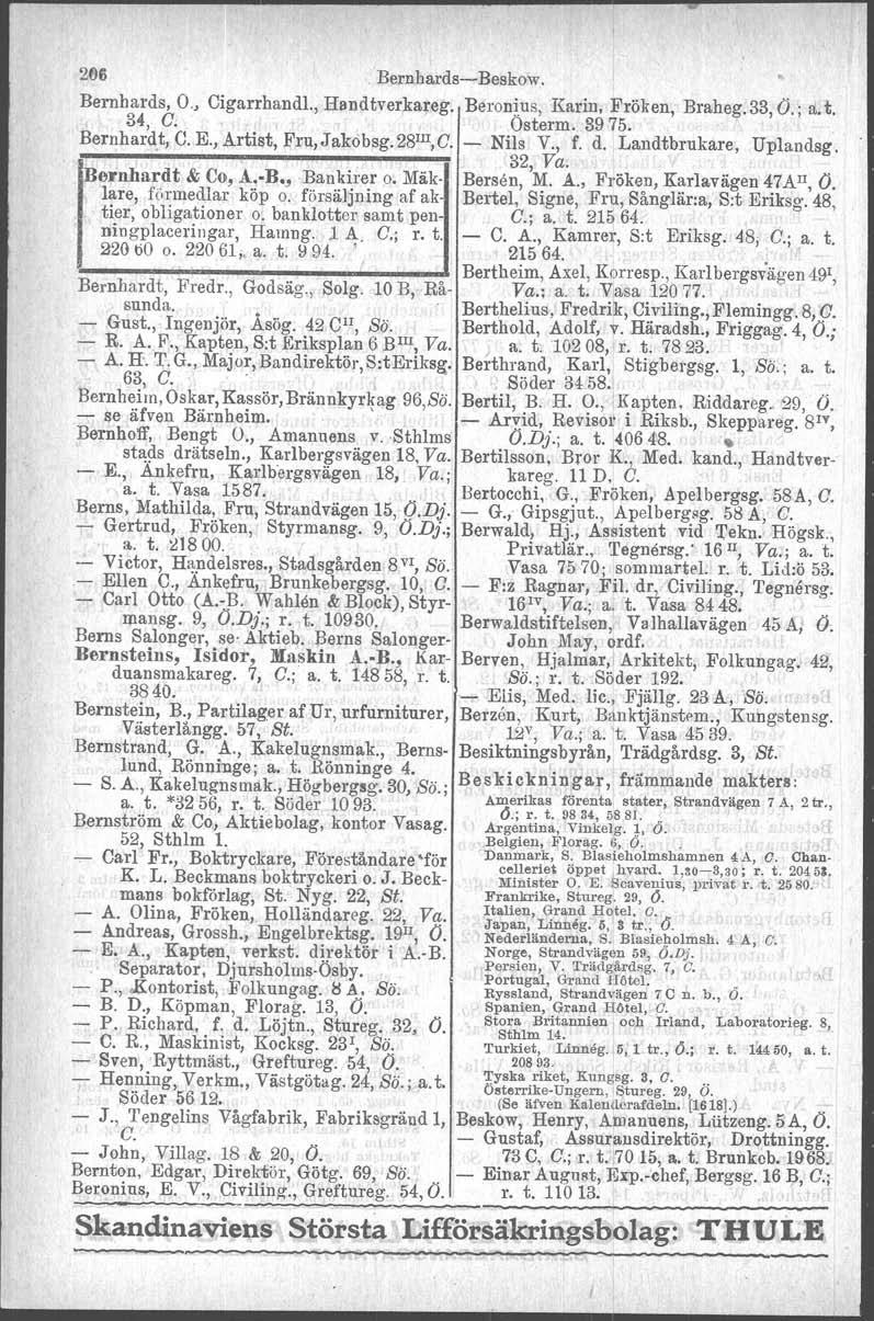266. BernhardsBeskow. Bernhards, O., Cigarrhandl., Handtverkareg. Beronius, Karin, Fröken, Braheg.33, O.; 0:. t. 34, C. Osterm.3975. Bernhardt, C. E., Artist, Fru, Jakobsg, 28 III,C. Nils V., f. d.