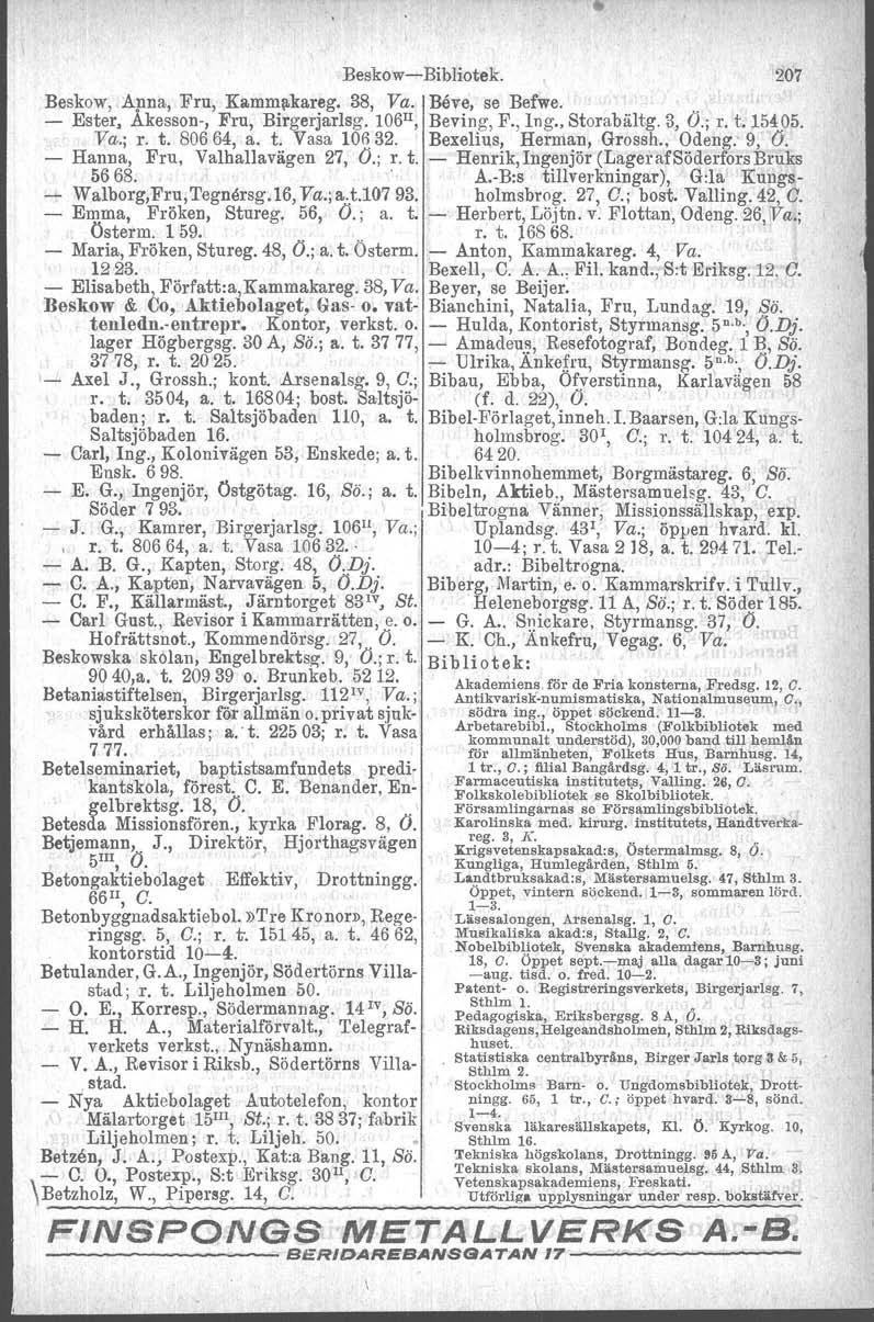 reg Beskow Bibliotek. 207 Beskow, Apna, Fru, Kammakareg, 38, Va. Beve, se Befwe... Ester, Akesson, Fru, Birgerjarlsg. 106 II, Beving, F., Ing., Storabältg. 3, O.; r. t. 15405. Va.; r. t. 80664, a. t. Vasa 10~ 32.