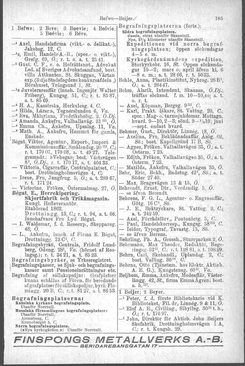 BefweBeijer./ 185 lbefwe;2beve;3boevie;4boivie;b e gr a fn i n g sp l a t s e rn a (forts.): 5 B., 6 B' Södra begrafningsplatsen. oevle ; eve. Gamla, strax utanför Skanstull.