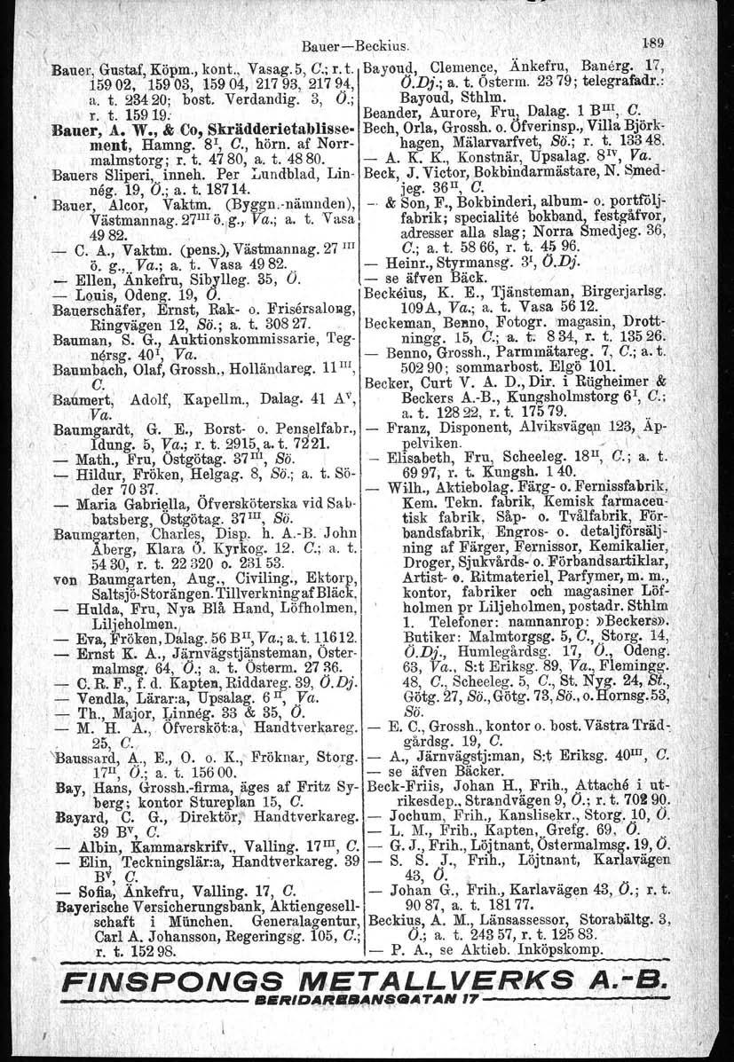 = ~ " \ \. \ {...' I BauereBeckius... Bauer Gustaf Köpm. kont. Vasag.5 C.; r. t. Bayeud Clemence Ankefru Banarg. 15902.15903 1590421793 217 9~ O.Dj.; a. t. Österm. 2379; telegrafadr.: a. t. 23420; bost.
