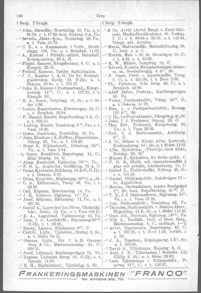 ~._.._ 198 Berg. ~ Berg; 2 BerglL _ 1 Ber~~Bergh. ~.._.. _1 John.väärnaffär Norrtullsg. 10 Va.; a. t. _2 & Co Arvid (Arvid Bergh o. Knut Ohls 8559 l'. t.17 62; bost Stjärng. 3 Å Va.