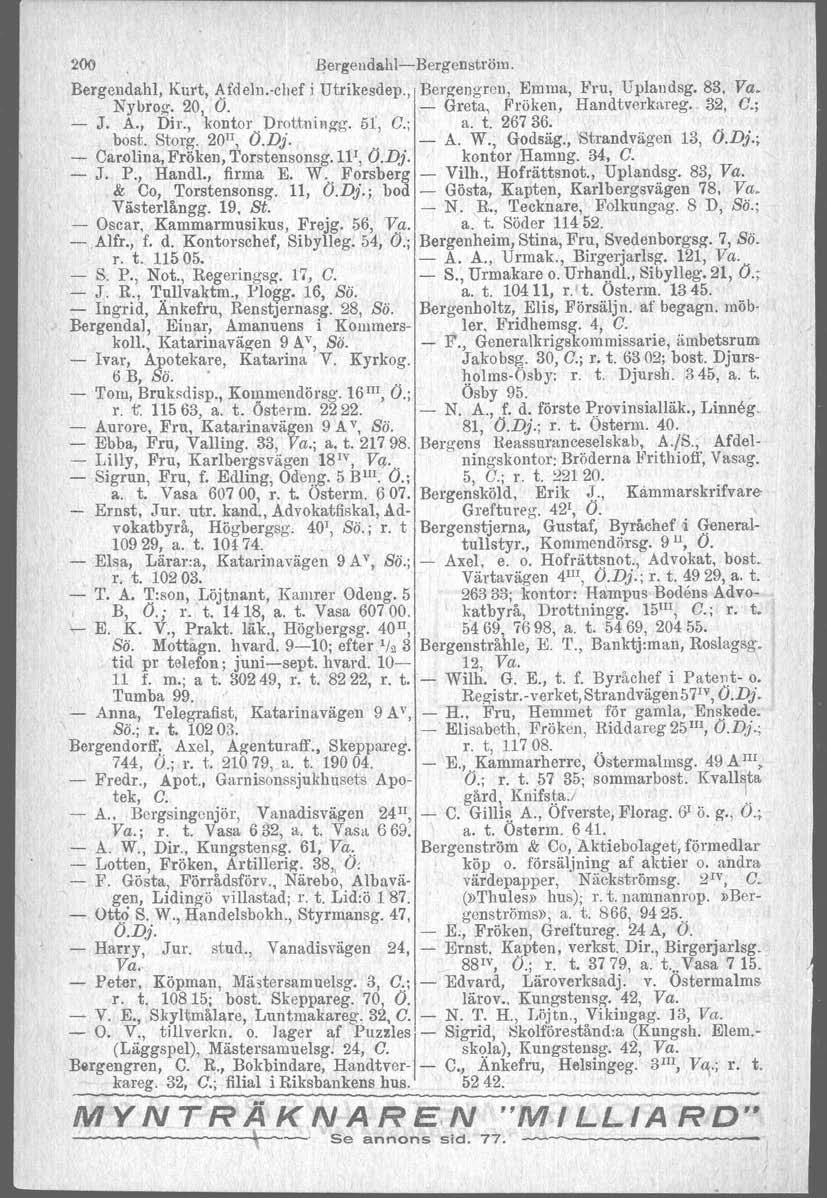 200 BergendahlcBergenström. Bergendahl. Kurt Afdelll.chef j Utrikesdep. Bergengrcu Emma Fru Uplandsg. 83 Va. Nybrog. 20 O. Greta Fröken Handtverkareg.. 32 C.; J. A" Dir. kontor. Drottningg. sr C.; a.