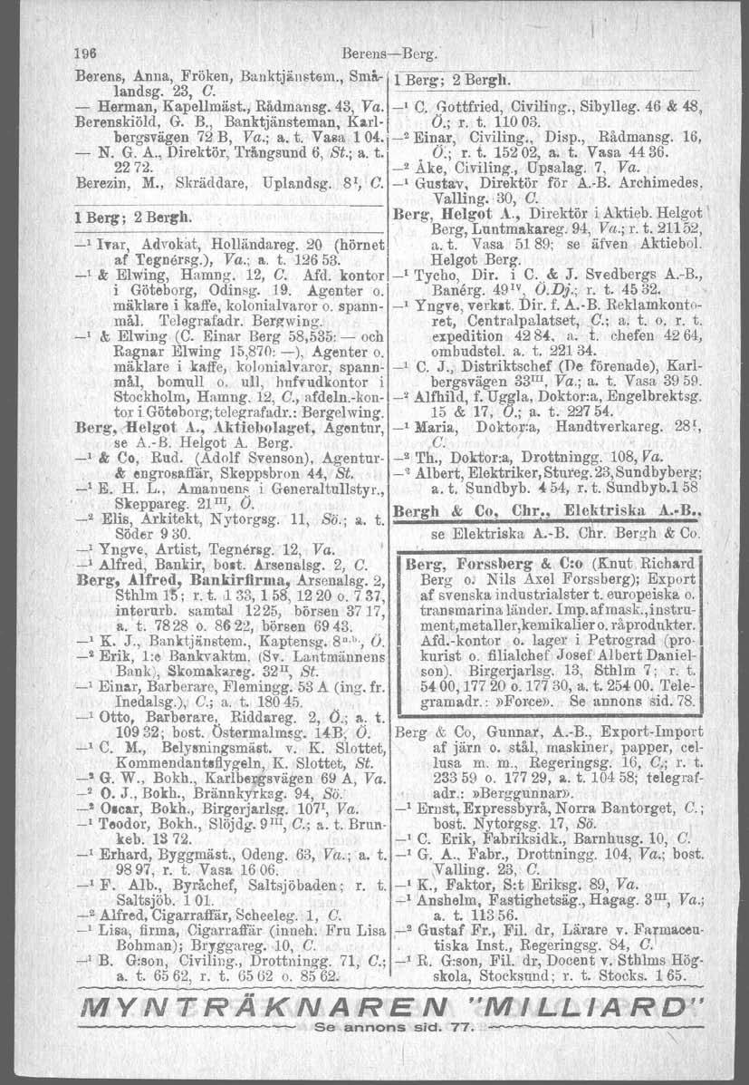 196 BerenseBerg. Berens Anna Fröken Banktjänstem. smn.i i Berg; 2 Bergh. Iandsg. 23 C. Herman Kapellmäst. Rådmansg. 43 Va. ' C. ljottfried Civiling. Sibylleg. 46 & 48 Berenskiöld G. B. Banktjänsteman Karl O.