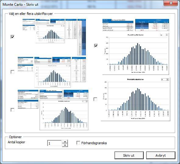 Utskriftsoptioner för Monte Carlo-simulering Vid utskrift av Monte