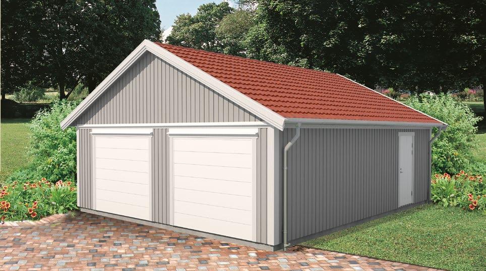 VIBO DUBBELGARAGE 64,4 Ett dubbelgarage med färdiga väggsektioner av stående lockpanel.