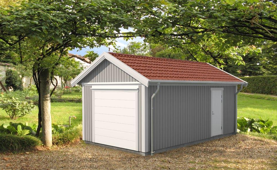 VIBO ENKELGARAGE 24,2 Ett enkelgarage med färdiga väggsektioner av stående lockpanel. Takskjutport och handtag med lås ingår.