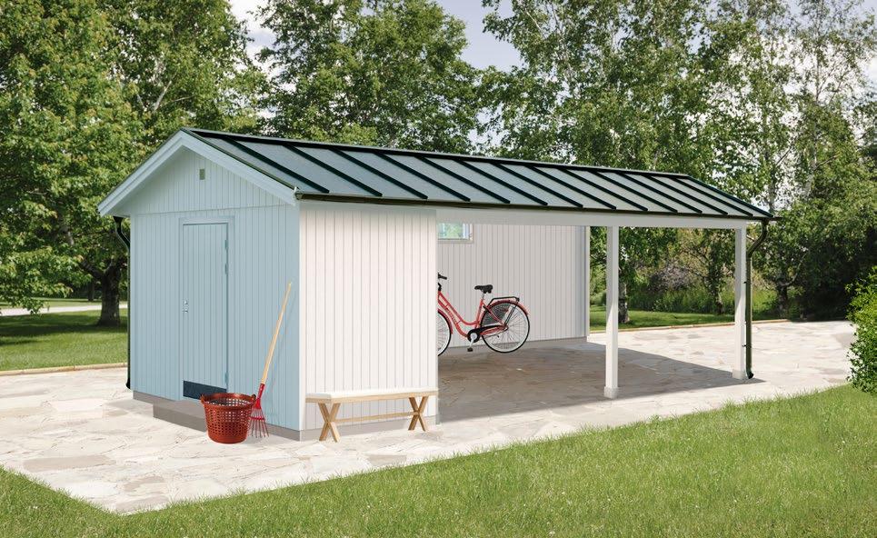 VIBO CARPORT 24 Carport med praktiskt förråd som levereras med färdiga väggmoduler och gavelspetsar. Råspont till tak. Till huset kan man t.ex.