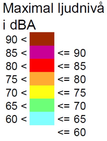 (Sammanlagrad), Maximal ljudnivå, 2 meter över mark Samtliga vägar samt spårtrafik (Sammanlagrad), inklusive redovisning flygtrafik samt industrier och dess placering, Ekvivalent ljudnivå, 2 meter