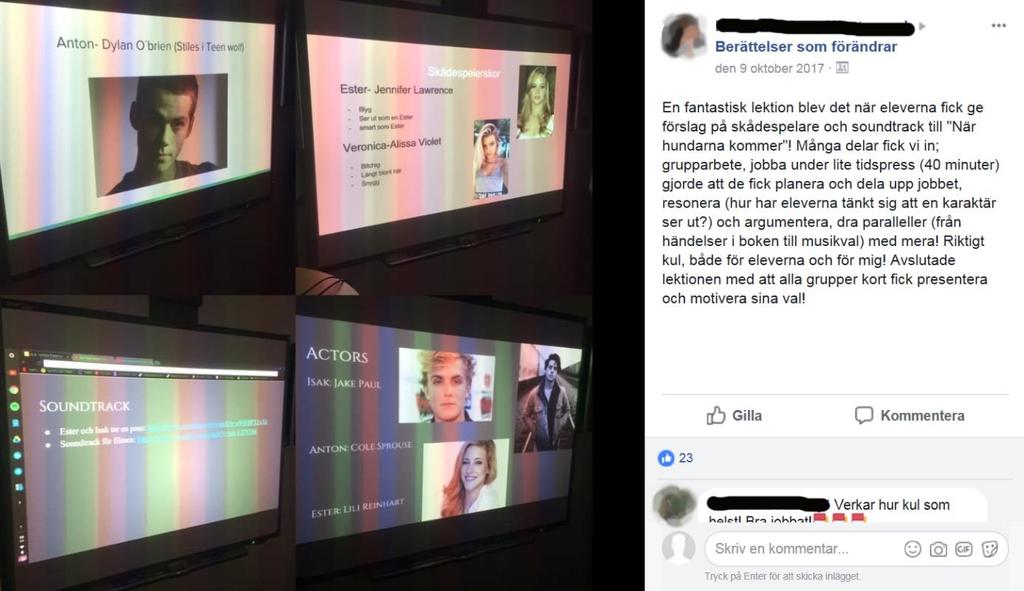 I det andra inlägget beskriver läraren hur lektionen föll ut. Nedan återges texten i inlägget och därefter visas en bild på själva inlägget.