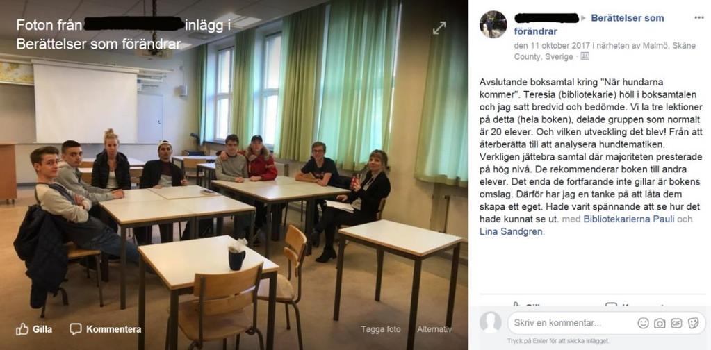 Diskussionsforum/Sitting drama I inlägget nedan beskriver en lärare en klassdiskussion om När hundarna kommer av Jessica Schiefauer. Texten i inlägget återges nedan.
