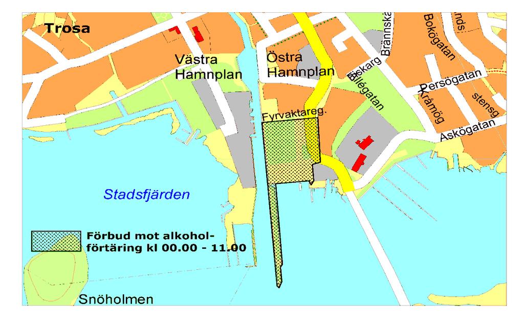 TROSA KOMMUN Allmänna ordningsföreskrifter Tekniska enheten 2019-04-15 Sida 8(12) alkohollagen, får inte förtäras kl. 00.00-11.00 på offentlig plats markerad på nedanstående karta.
