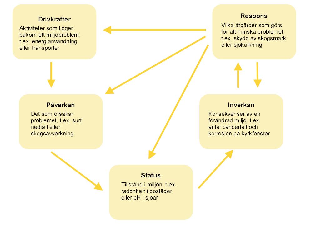 NATURVÅRDSVERKET 7(63) Europeiska miljöbyrån (EEA) använder informationsmodellen DPSIR 1 där D står för drivkrafter (Drivers) och består av ekonomisk statistik och annan information om samhällets