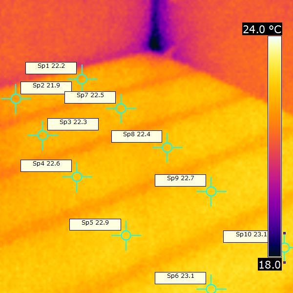43 Figur 27 Termografering av rummet främre del mot ytterväggen med det golvstående vertikala fönstret.