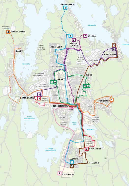 Figur 7.3: Linjenät, Växjö stadsbusstrafik. I de framkomlighetsstudier som gjorts av Växjö kommun pekas bland annat ett antal korsningar och sträckor ut.