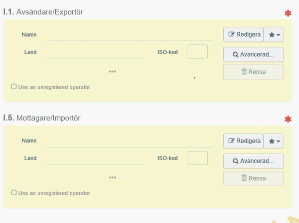 Fyll i Namn och Land för Avsändare/Exportör (I.1) och Mottagare/Importör (I.5).