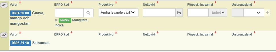 Alla produkter som finns i sändningen ska anges. Klicka i rutan där det står EPPO-kod.