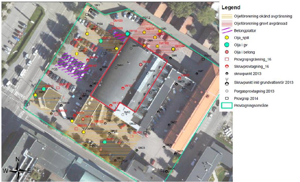 8 Figur 3.1 Föroreningssituation avseende oljeföroreningar från spill/läckage. Röda linjer markerar byggnader som avses kvarlämnas inom detaljplanen.