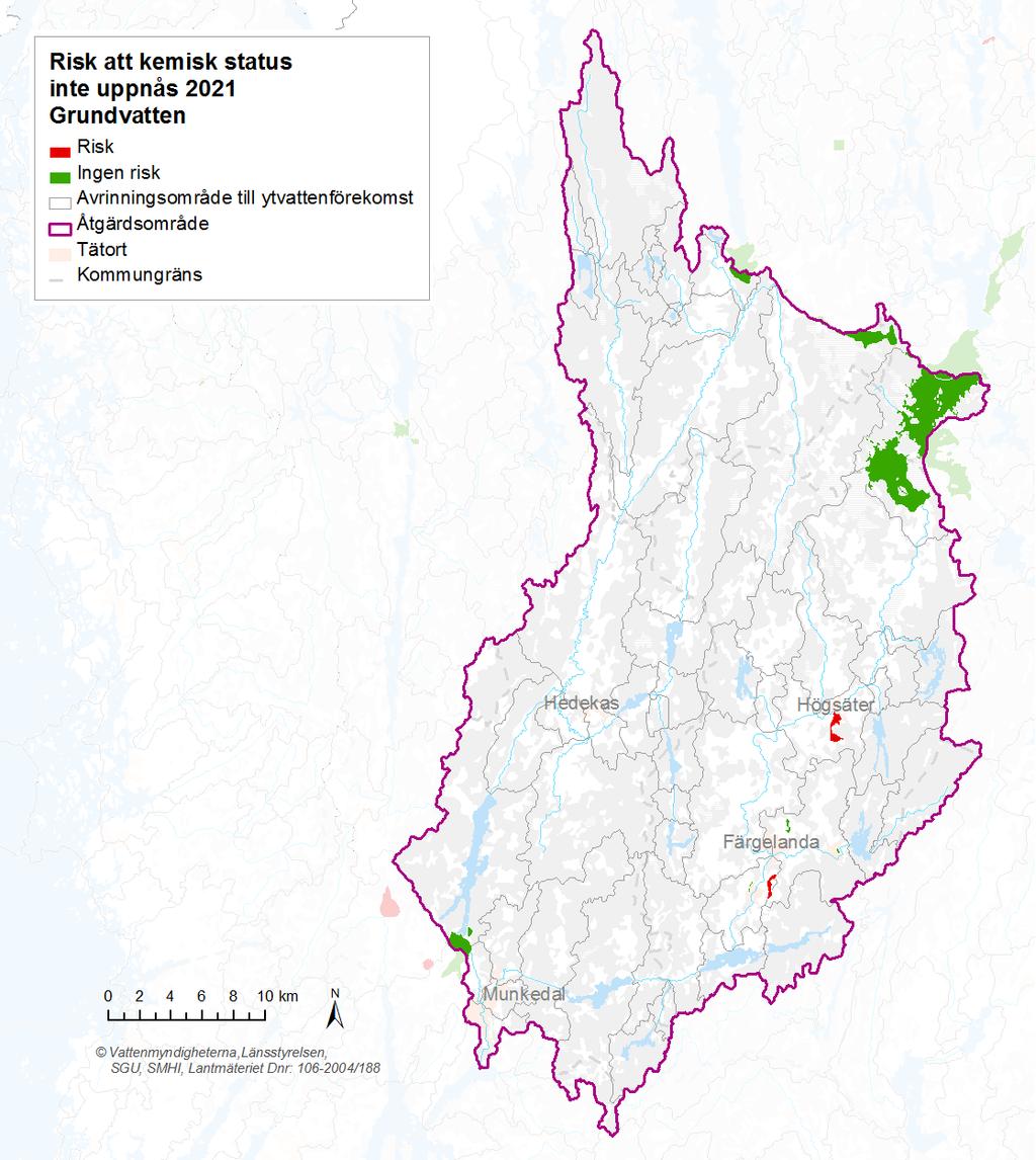 Figur 5. Riskbedömning för kemisk status för grundvattenförekomster i Örekilsälvens åtgärdsområde. Källa: VISS 2015-08-15. www.viss.lansstyrelsen.