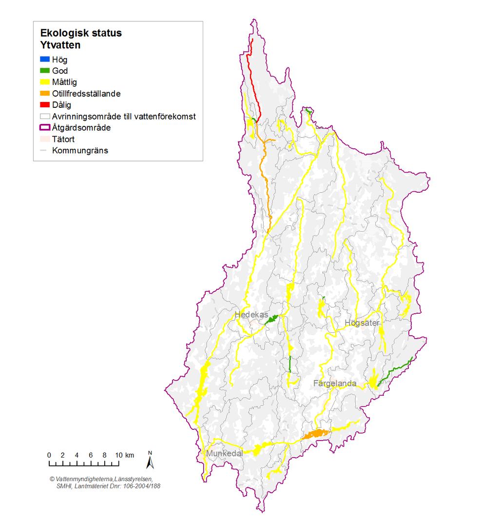 Figur 1. Ekologisk status för ytvatten i Örekilsälvens åtgärdsområde. Källa: VISS 2015-08-15. www.viss.lansstyrelsen.