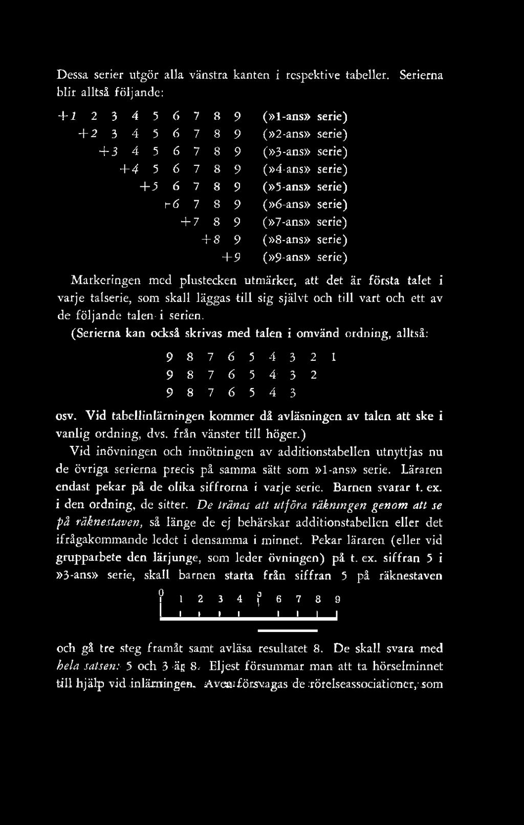 9 (»6-ans» serie) + 7 8 9 (»7-ans» serie) + 8 9 (»8-ans» serie) + 9 (»9-ans» serie) Markeringen med plustecken utmärker, att det är första talet i varje talserie, som skall läggas till sig självt och
