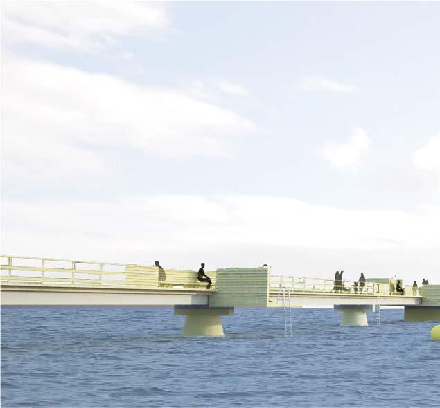 VII. Bryggan Den befintliga gjutna betongbryggan på 65 m förlängs med en ny brygga i trä.
