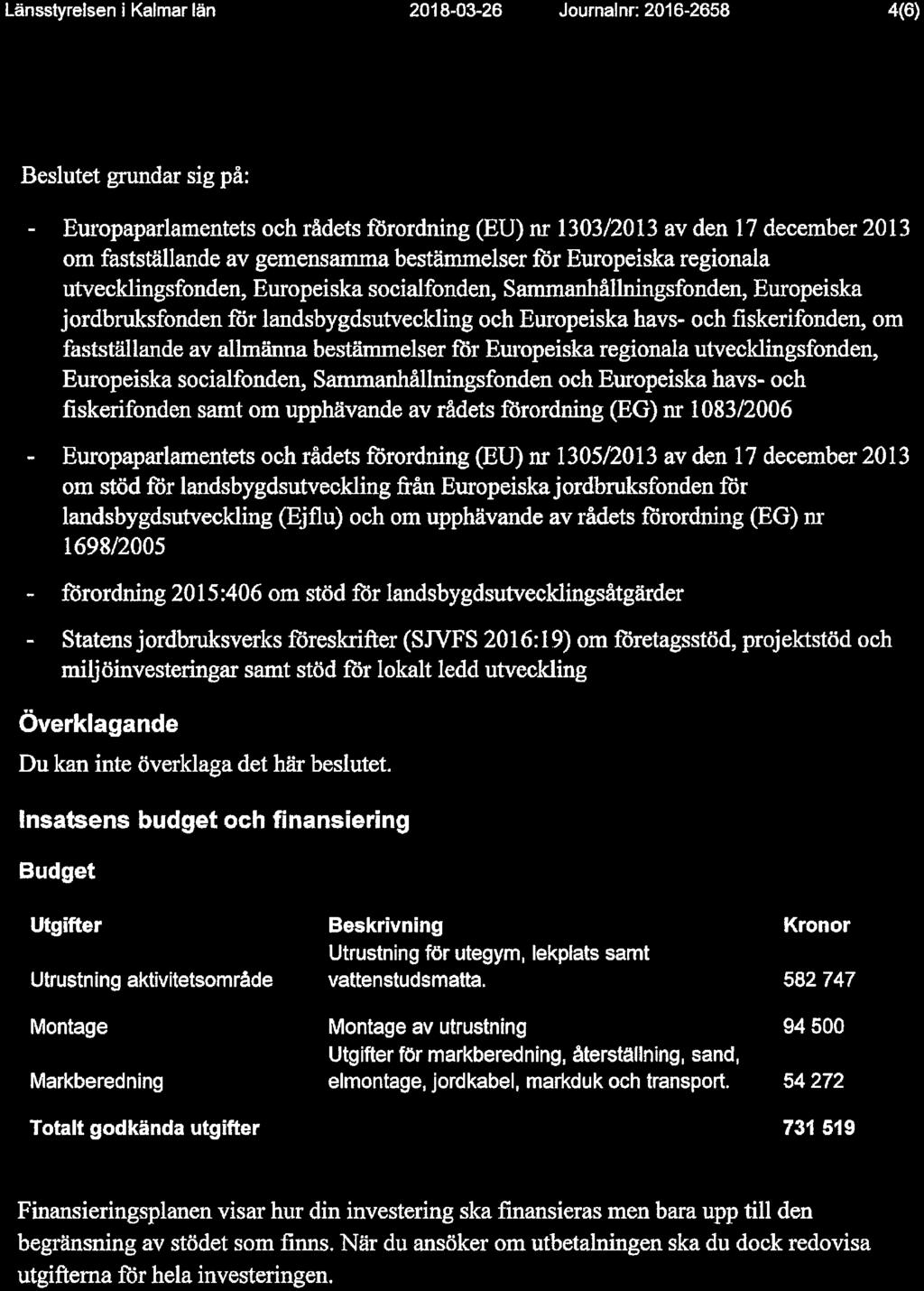 Länsstyrelsen i Kalmar län 2018-03-26 Journal nr: 2016-2658 4(6) Beslutet grundar sig på: Europaparlamentets och rådets förordning (EU) nr 1303/2013 av den 17 december 2013 om fastställande av