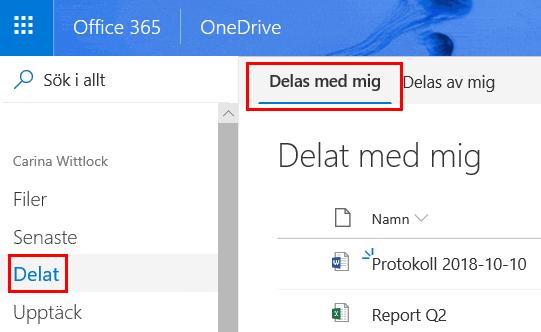 I din OneDrive syns dokumentet förstås under Delas med mig.