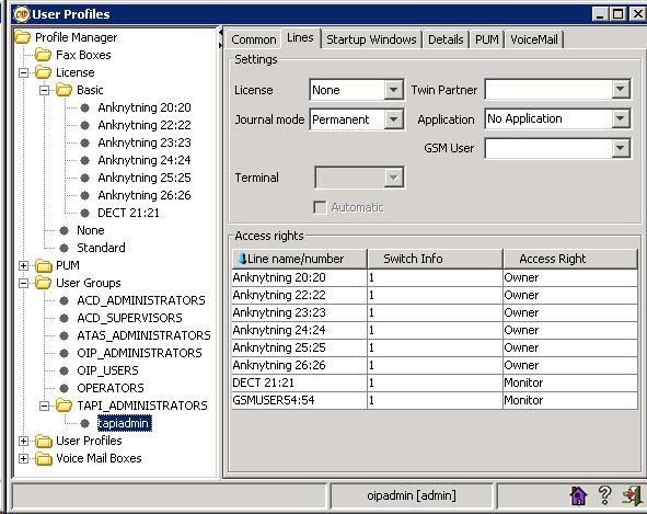 2.2 OIP 2.2.1 User Profiles Under fliken Lines på TAPIADMIN användaren krävs det att alla användare finns upplagda