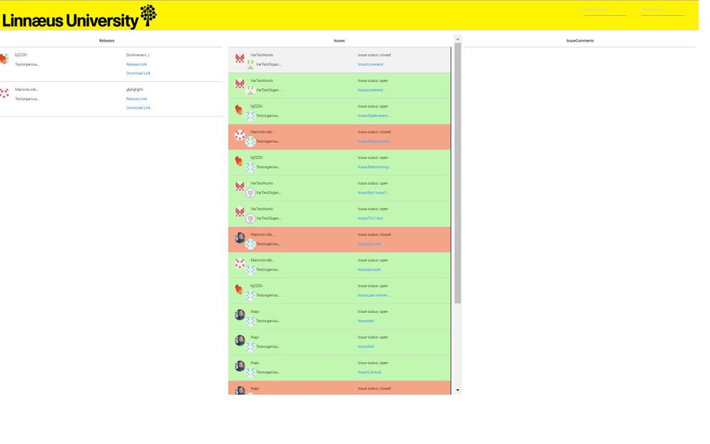 4.4 Presentation av Webhooks (Releases, Issues, Comments) (figur 4.4) Användaren har även möjlighet att få en översikt av samtliga issues, issuekommentarer samt releases.