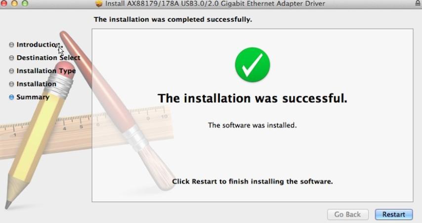6. Klicka på Starta om för att starta om ditt Mac OSX system och avsluta installationen. 7.