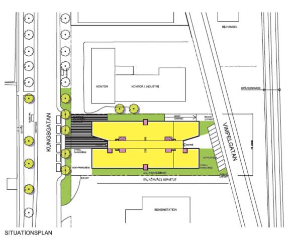 4 Underlag 4.1 Markanvändning och planlösningar Underlag för bedömningen är kontorsutredning för Södra Gröna daterad 2012-09-10, SH Bygg. Huskroppen planeras mellan Kungsgatan och Vimpelgatan.