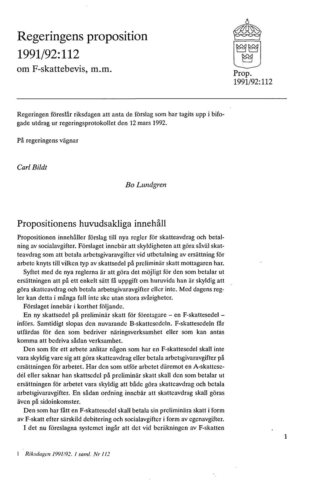 Regeringens proposition 1991/92:112 om F-skattebevis, m.m. ~ Prop.