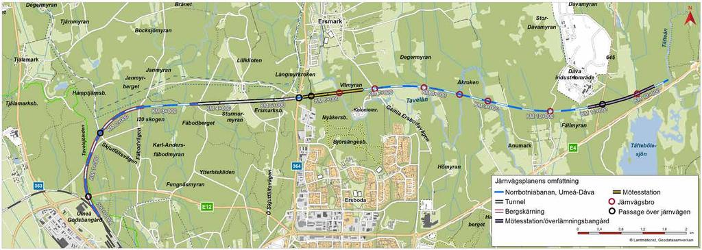 5 Områdesspecifika riktlinjer Föreslagen järnväg mellan Umeå godsbangård och Dåva passerar genom ett skogslandskap med inslag av odlingsmark längs Tavelåns dalgång.