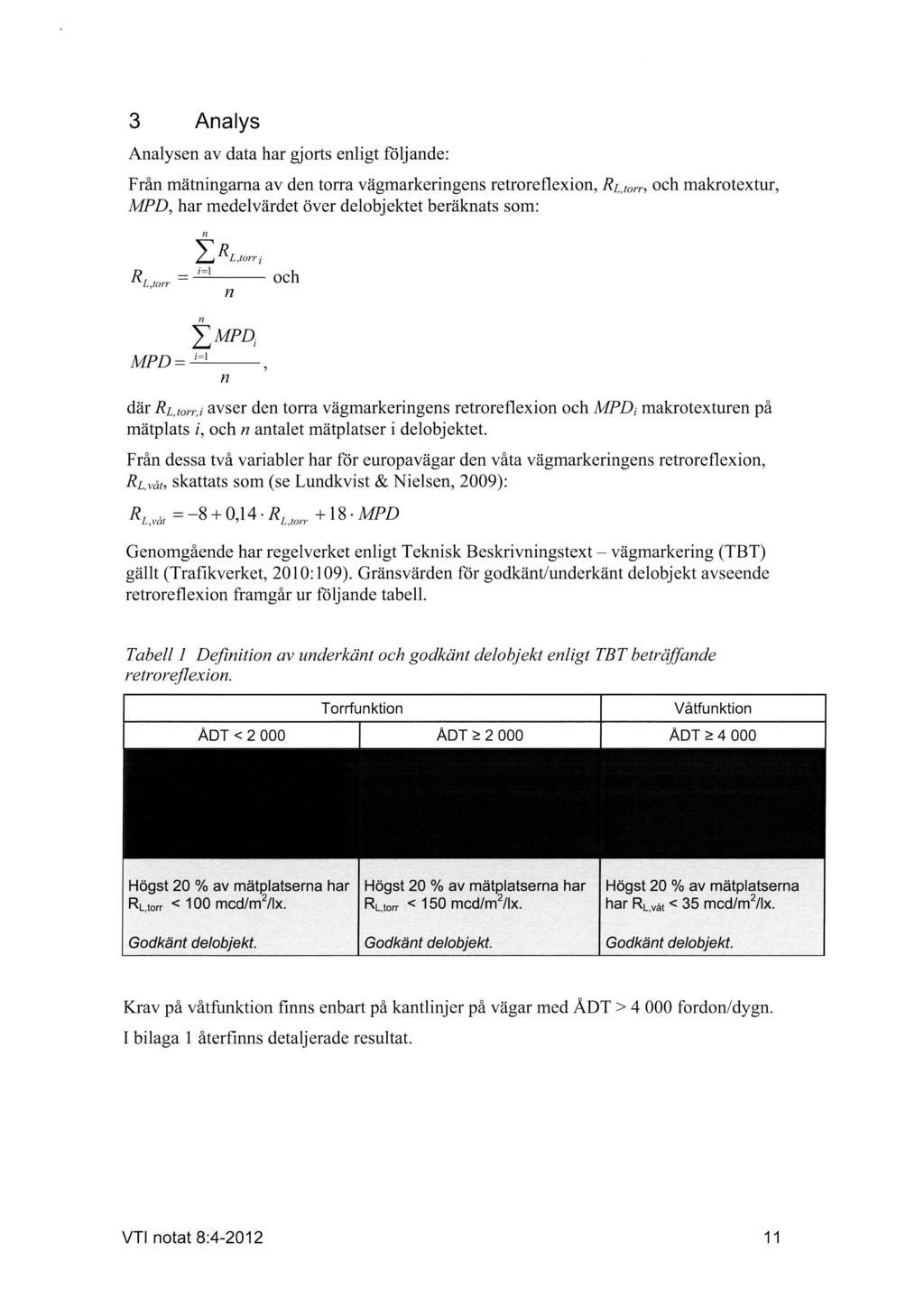 3 Analys Analysen av data har gjorts enligt följ ande: Från mätningarna av den torra vägmarkeringens retroreflexion, Rum, och makrotextur, MPD, har medelvärdet över delobj ektet beräknats som: n Z
