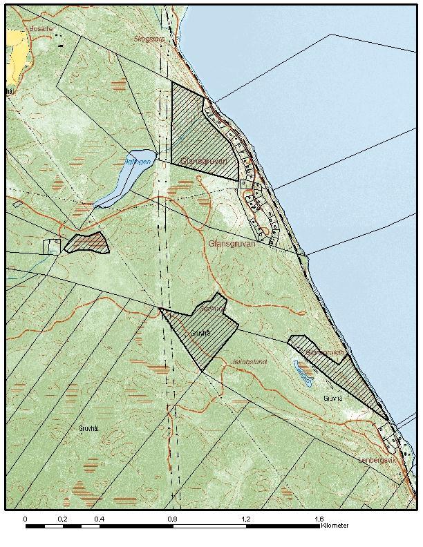 Glans kalkbarrskogar 2012-09-25 sid 8 Bilaga 1. Karta över reservatet De fyra streckade delytorna på kartan utgör Glans kalkbarrskogars naturreservat, belägna nordost om Vånga i Norrköpings kommun.