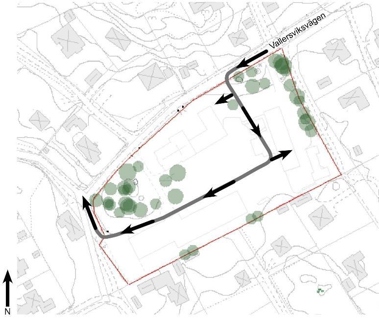 Trafik enligt illustrationsförslaget. 2.3.2 Anslutningar till Vallersviksvägen Enligt trafikverket ska avståndet mellan två korsningar vara minst 50 meter.